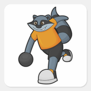 Pegatina Cuadrada Racoon en Bowling con bolas