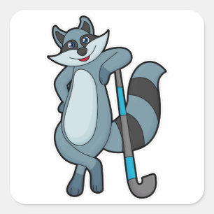 Pegatina Cuadrada Racoon en Hockey con bastón de hockey