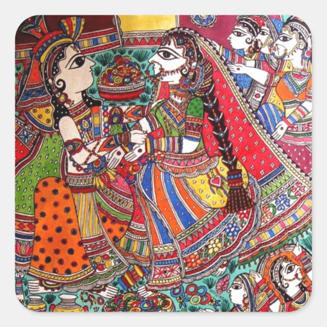 PEGATINA CUADRADA RADHA KRISHNA HINDU DICE ESTILO DE ARTE MADHUBANI (Anverso)