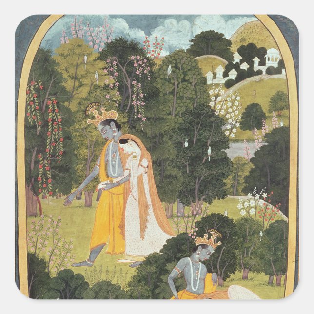 Pegatina Cuadrada Radha y Krishna caminando en un bosque (Anverso)