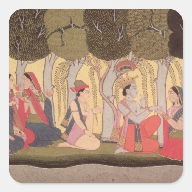 Pegatina Cuadrada Radha y Krishna sentados en un bosque, Kulu (Anverso)