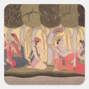 Pegatina Cuadrada Radha y Krishna sentados en un bosque, Kulu