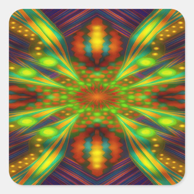 Pegatina Cuadrada Radiant Neon Starburst Kaleidoscope  (Anverso)