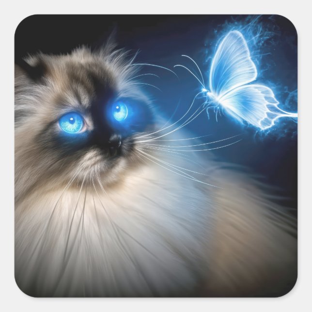 Pegatina Cuadrada Ragdoll Cat Con Mariposa De Neón Azul (Anverso)