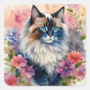 Pegatina Cuadrada Ragdoll Cat Floral Retrato artístico