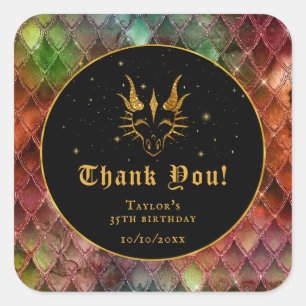 Pegatina Cuadrada Rainbow Dragon Scales Gold Birday Gracias