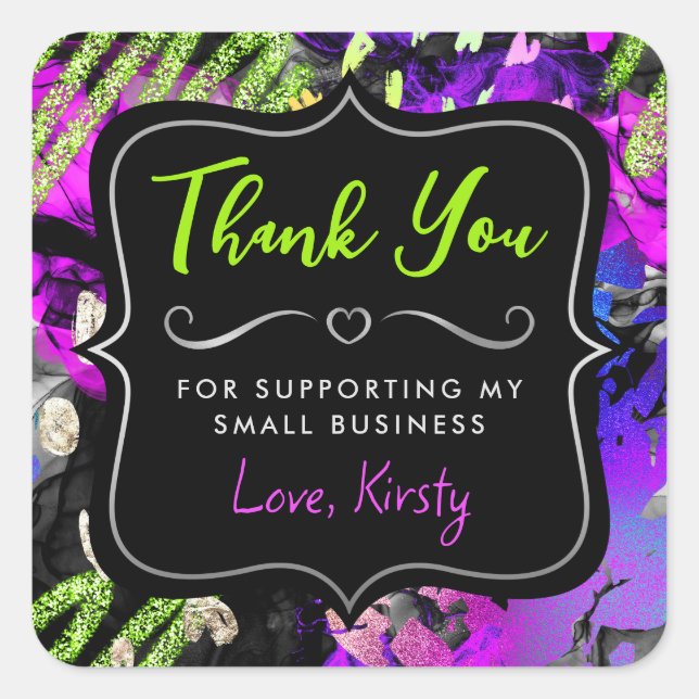 Pegatina Cuadrada Rainbow Neon Resumen Purpurina Pequeña Empresa (Anverso)