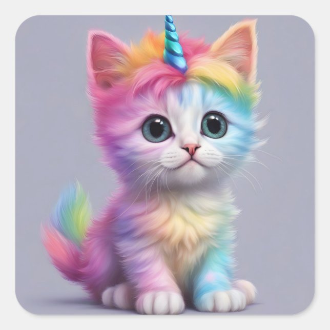 Pegatina Cuadrada Rainbow Unicorn Kitten (Anverso)
