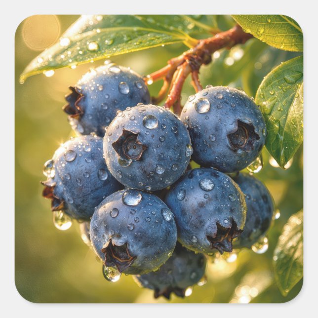 Pegatina Cuadrada Raindrops on Ripe Blueberries (Anverso)