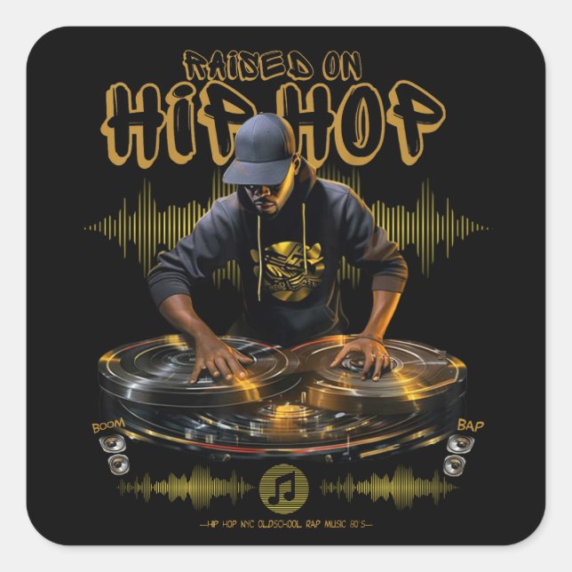 Pegatina Cuadrada Raised On Hip Hop DJ 50th Aniversario Graph (Anverso)