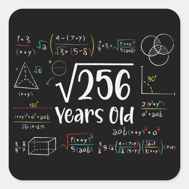 Pegatina Cuadrada Raíz cuadrada de 256 Regalos de 16 años de antigüe (Anverso)