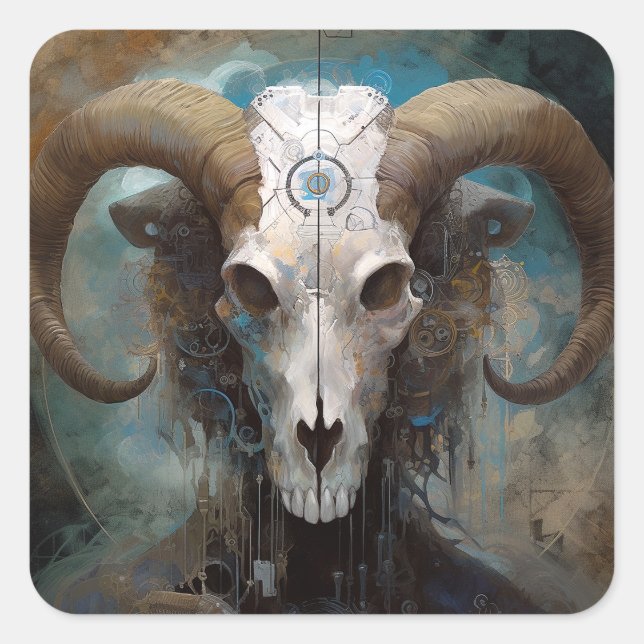Pegatina Cuadrada Ram Skull Surreal Fantasy Art (Anverso)