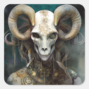 Pegatina Cuadrada Ram Skull Surreal Fantasy Art