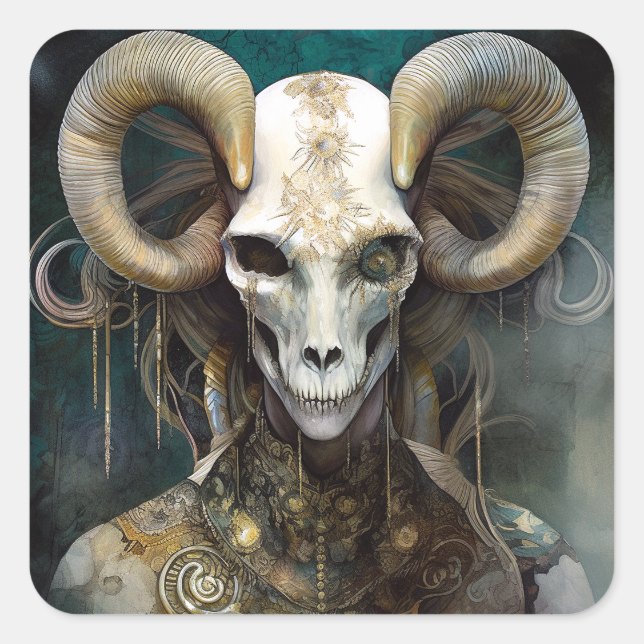 Pegatina Cuadrada Ram Skull Surreal Fantasy Art (Anverso)