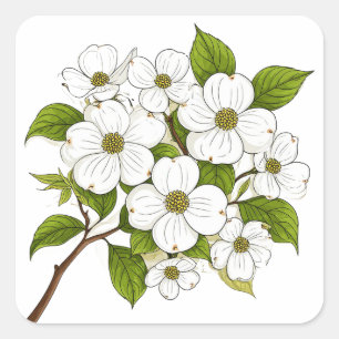 Pegatina Cuadrada Rama con Racimo de Flores de Cornejo Blanco