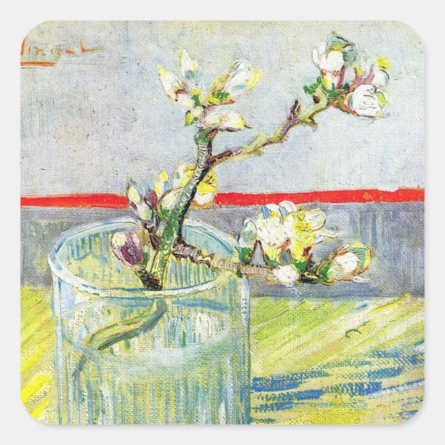 Pegatina Cuadrada Rama de almendro en flor por Vincent van Gogh (Anverso)
