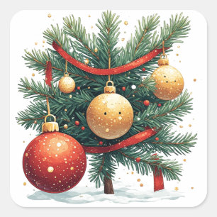 Pegatina Cuadrada Rama de árbol de Navidad con adornos rojos y dorad