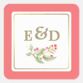 Pegatina Cuadrada Rama de Berry | Boda de monograma de coral rosa