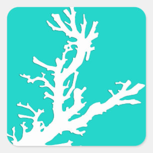 Pegatina Cuadrada Rama de coral - blanco sobre turquesa