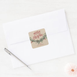 Pegatina Cuadrada Rama de Navidad en acuarela con letra script