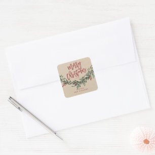 Pegatina Cuadrada Rama de Navidad en acuarela con letra script