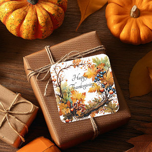 Pegatina Cuadrada Rama de otoño con hojas y bayas personalizadas