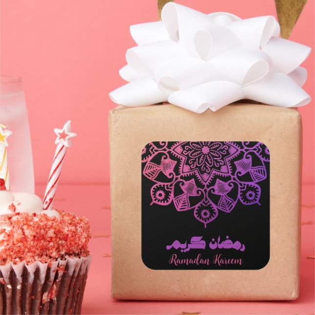Pegatina Cuadrada Ramadan Kareem Motivo islámico rosa y negro (Fiesta)