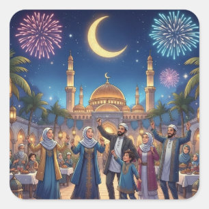 Pegatina Cuadrada Ramadán Kareem Mubarak Creciente Islam Iftar Suhoo