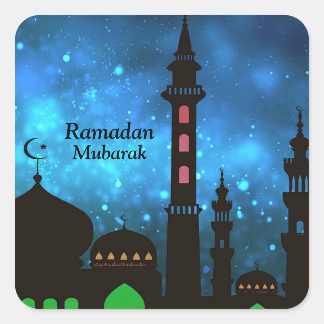 Pegatina Cuadrada Ramadan Kareem Tipografía Creciente islámica Texto (Anverso)