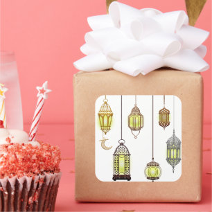 Pegatina Cuadrada Ramadán Mubarak Linternas de arabesco oriental dec