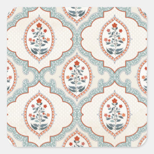 Pegatina Cuadrada Ramas de flores antiguas, textiles indios.