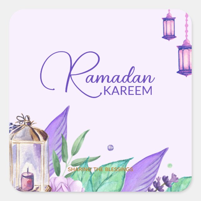 Pegatina Cuadrada Ramazan | Acuarela Ramadan Kareem (Anverso)