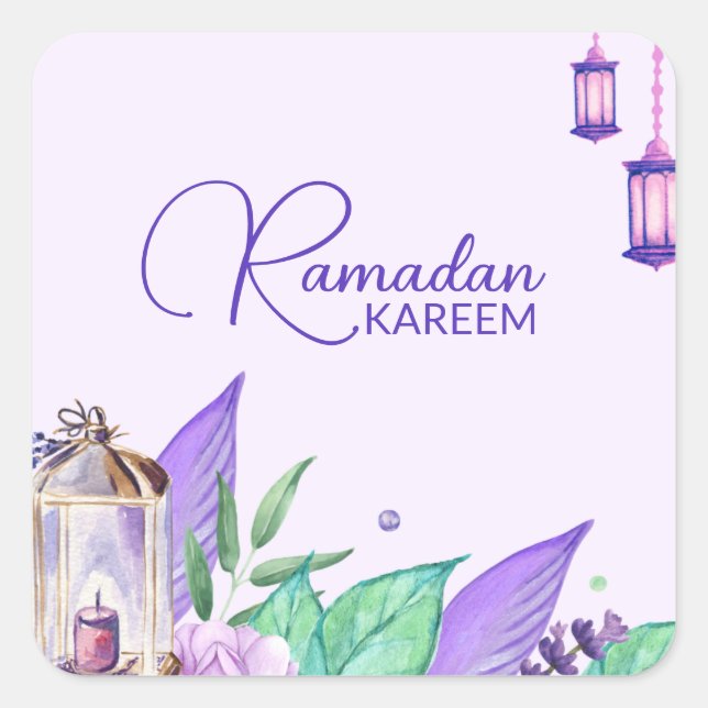 Pegatina Cuadrada Ramazan | Ramadan Kareem Watercolor Lantern (Anverso)