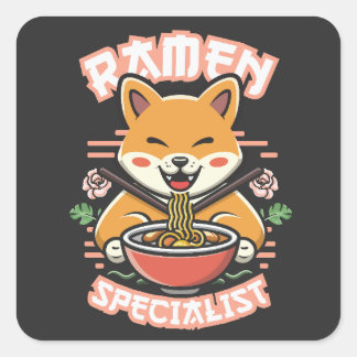 Pegatina Cuadrada Ramen Inu - Especialista Shiba Inu comiendo Ramen