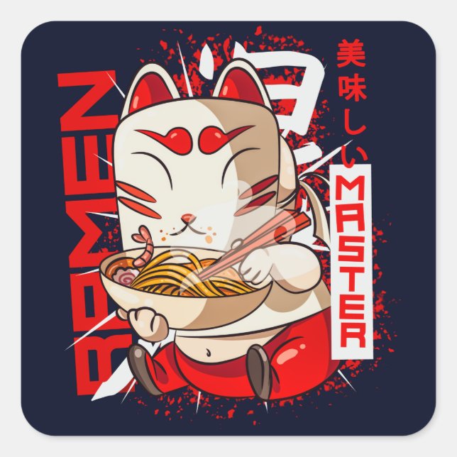 Pegatina Cuadrada Ramen Master Kitsune Kawaii Fox (Anverso)