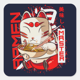 Pegatina Cuadrada Ramen Master Kitsune Kawaii Fox