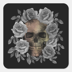 PEGATINA CUADRADA RAMO DE FLORES DE CALAVERA NEGRO Y BLANCO