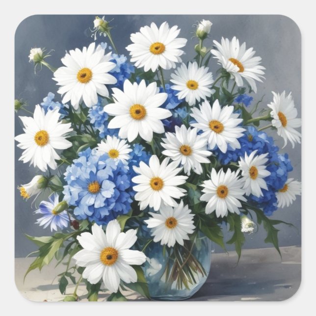 Pegatina Cuadrada Ramo de Flores Elegantes Daisies Acuarela (Anverso)