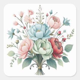 Pegatina Cuadrada Ramo de flores envueltas elegante colores pastel s