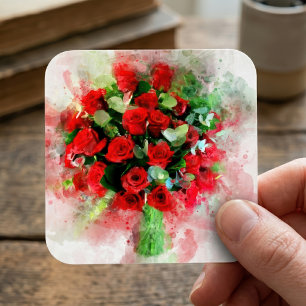 Pegatina Cuadrada Ramo de Rosas Rojas Acuarela sobre Fondo Blanco