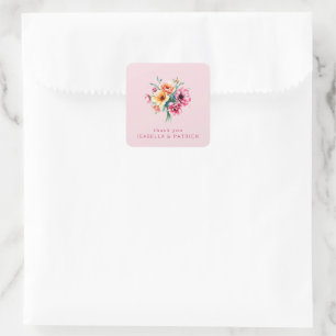 Pegatina Cuadrada Ramo Floral Acuarela Rosa Romántico