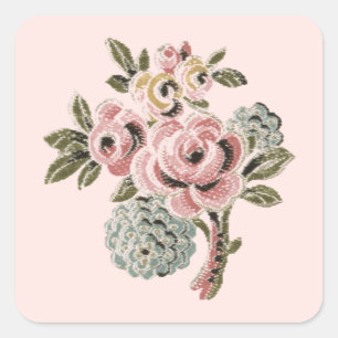 Pegatina Cuadrada Ramo Floral Botánico de Arte Popular Rosa Vintage