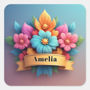 Pegatina Cuadrada Ramo Floral Con Estandarte De Cinta 🌸