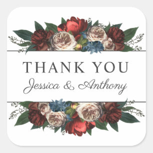 Pegatina Cuadrada Ramo Floral de Tonos de Joyas de Lujo Gracias