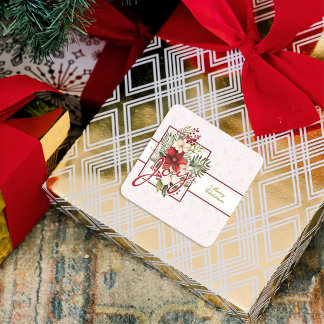Pegatina Cuadrada Ramo Floral Elegante Guión Alegría Feliz Navidad