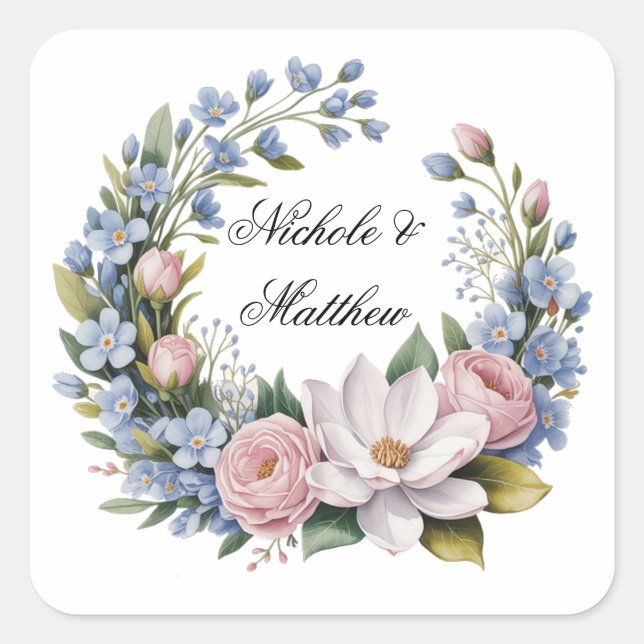 Pegatina Cuadrada Ramo Floral Romántico Boda (Anverso)