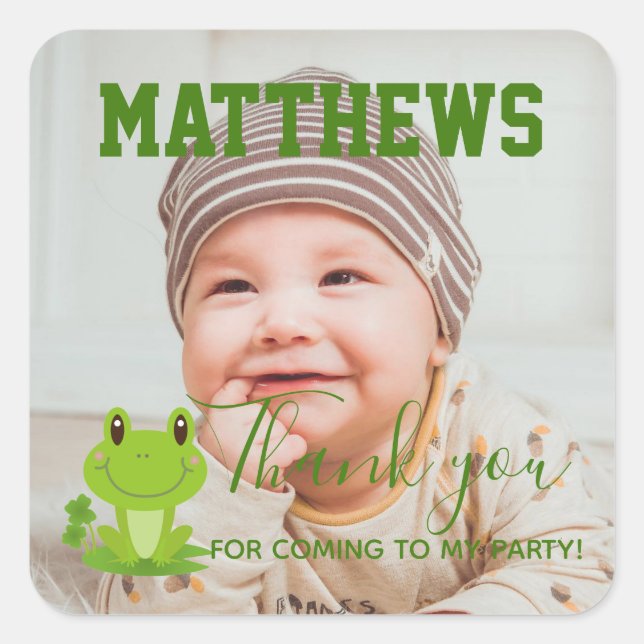 Pegatina Cuadrada Rana 1er cumpleaños Gracias Fiesta de foto Sti (Anverso)
