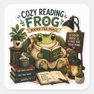 Pegatina Cuadrada Rana Acogedora de Lectura – Libros • Té • Paz