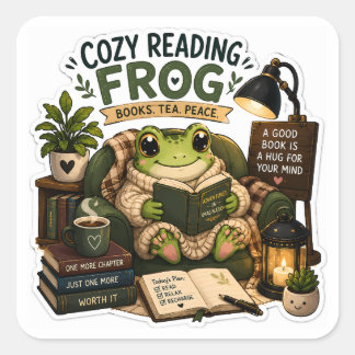 Pegatina Cuadrada Rana Acogedora de Lectura – Libros • Té • Paz