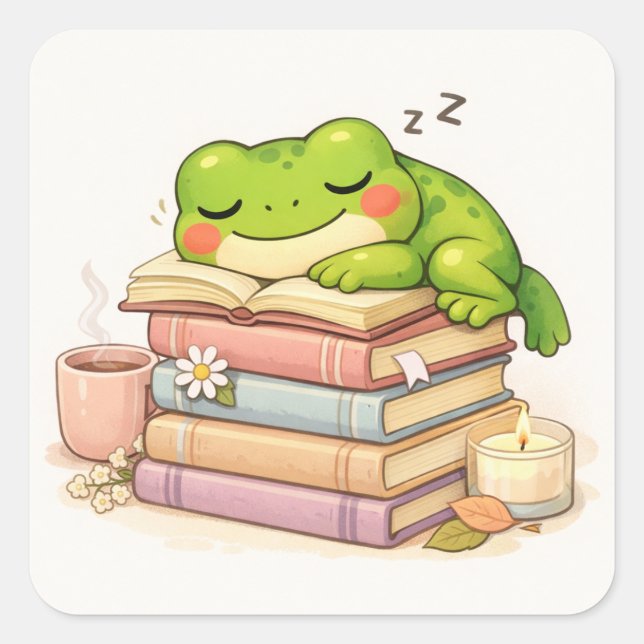 Pegatina Cuadrada Rana Adorable Durmiendo sobre Libros (Anverso)